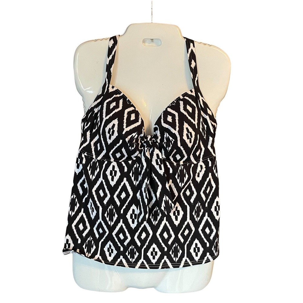 Lands End Tankini Swimsuit Top 14 Racerback Black White Bow Padded V Neck